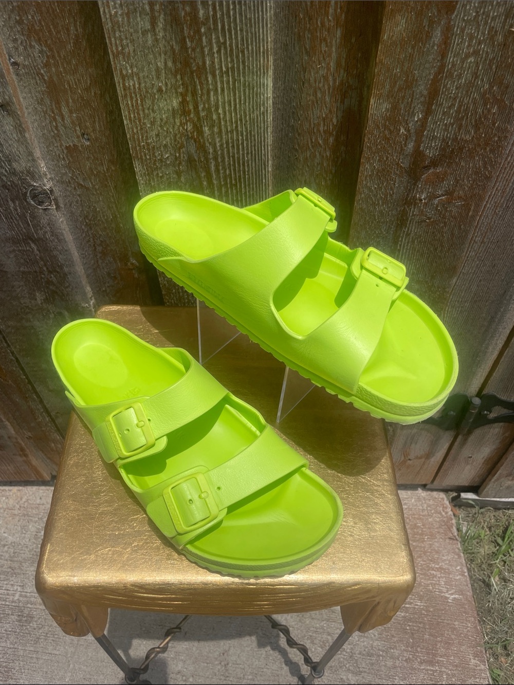 Mens Birkenstock Neon Green Slide Sandals with Buckle Straps - Picture 2 of 6